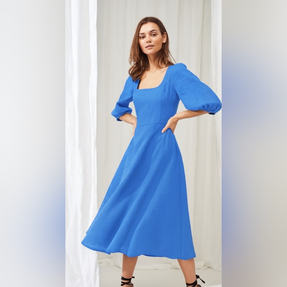 NWT Linen Handmade Studio Puff Sleeve Aroura Midi Dress XXL 18 Blue